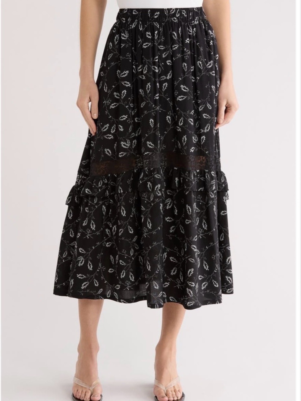 Melrose and Market Black Ruffle Skirt with White Leaf Print and Lace Panel. XL